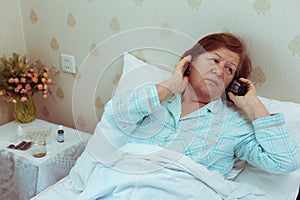 Sick elderly woman call ambulance, heart attack