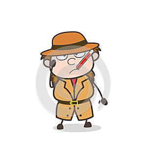 Sick Face with Fever Thermometer - Female Explorer Scientist Cartoon Vector