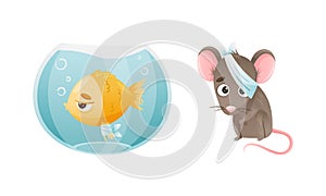 Sick Fish and Mouse Animal with Bandage on Head and Fin Swimming in Aquarium Vector Set