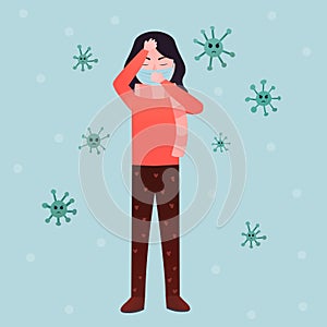 Sick girl cartoon character suffering from flu or fewer, headache, or allergy, cold illness and viral desease concept