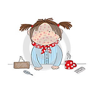 Sick girl with chickenpox, measles, rubeola or skin rash