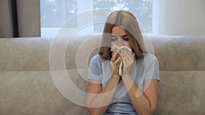 Sick girl got flu concept or caught cold, having allergy symptoms.