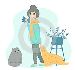 Sick girl at home. Sore throat and runny nose. Character Flu, Influenza Symptoms, Virus Disease, Illness Concept. Cartoon Vector