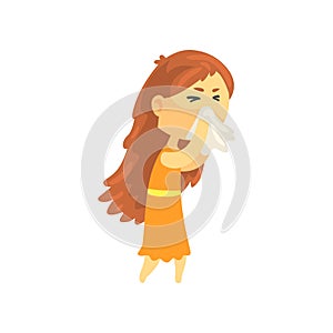 Sick girl with long hair blowing her nose with a tissue, unwell teen needing medical help cartoon character vector
