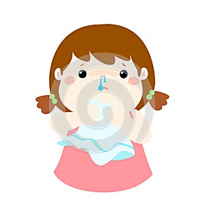 Sick girl runny nose cartoon .