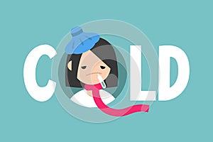 Sick girl with the symptoms of a cold and flu. Health care
