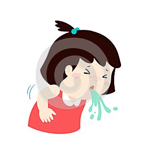 Sick girl vomiting cartoon .