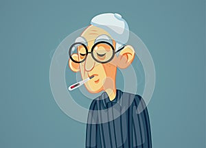 Sick Grandfather Having High Fever Vector Illustration