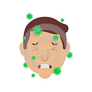 Sick head human. Headache. Virus and microbes. Bacteria and epidemic. Diseased guy face. Pain In head