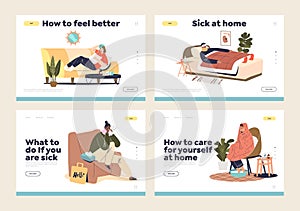 Sick at home concept of landing page set with people suffer from fever, virus, seasonal flu or cold