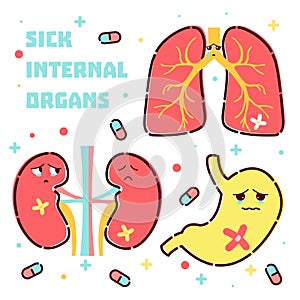 Sick internal organs cartoon icon set