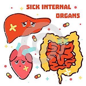 Sick internal organs cartoon icon set