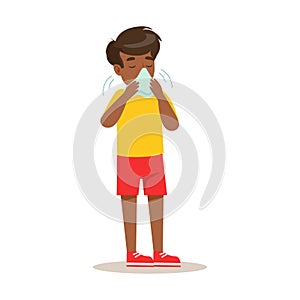 Sick Kid Blowing His Nose Feeling Unwell Suffering From Cold Sickness Needing Healthcare Medical Help Cartoon Character