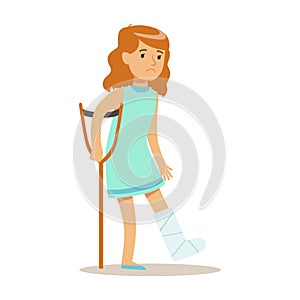 Sick Kid With Cast On Leg Feeling Unwell Suffering From Injury Needing Healthcare Medical Help Cartoon Character