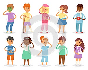 Sick kids child with headache and temperature and children catching a cold or flu illustration set of sickness or