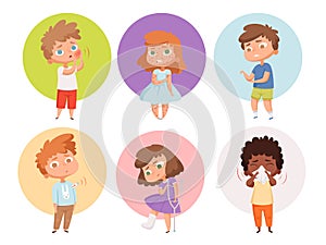 Sick kids. Health problems children flu unhealthy people sickness vomiting vector characters