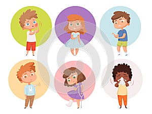 Sick kids. Health problems children flu unhealthy people sickness vomiting vector characters photo