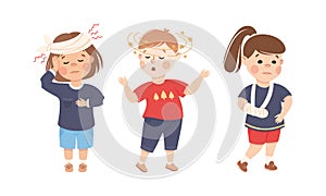 Sick Little Boy and Girl Feeling Unwell Suffering from Headache and Dizziness Vector Set