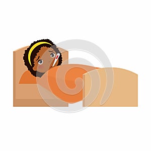 Sick little girl with thermometer in bed flat vector illustration.