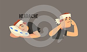 Sick Man with Bandaged Head Having Headache Massaging Temple and Lying on Pillow Vector Set