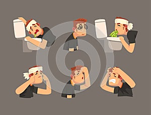 Sick Man with Bandaged Head Having Headache Massaging Temple and Vomiting Vector Set