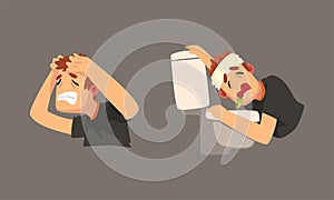 Sick Man with Bandaged Head Having Headache Vomiting in Toilet Bowl Vector Set