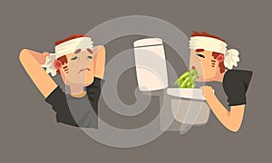 Sick Man with Bandaged Head Having Headache Vomiting Vector Set