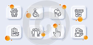 Sick man, Biometric security and Friends couple line icons pack. For web app. 3d glass buttons. Vector