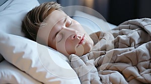 Sick man with cold sleeping in bed, space for text, healthcare concept, illness and rest, flu season