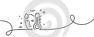 Sick man with fever line icon. Temperature thermometer sign. Continuous line with curl. Vector