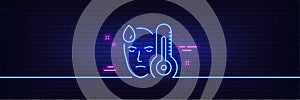 Sick man with fever line icon. Temperature thermometer sign. Neon light glow effect. Vector