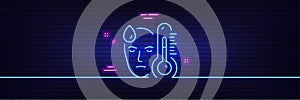 Sick man with fever line icon. Temperature thermometer sign. Neon light glow effect. Vector