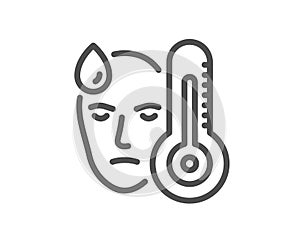 Sick man with fever line icon. Temperature thermometer sign. Vector