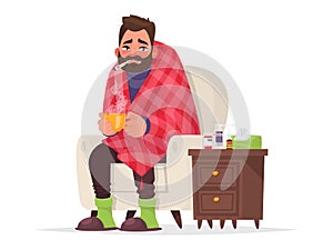 Sick man. Flu, viral disease. Vector illustration