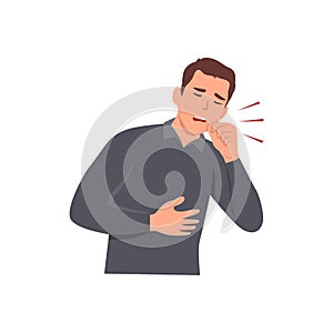 Sick man having dry cough. Male person with asthma, allergy or cold