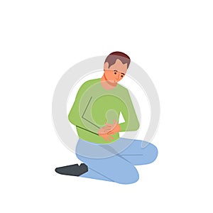 Sick Man huddled holding his stomach. Character with abdominal pain