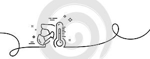 Sick man with mask line icon. Temperature thermometer sign. Continuous line with curl. Vector