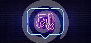 Sick man with mask line icon. Temperature thermometer sign. Neon light speech bubble. Vector