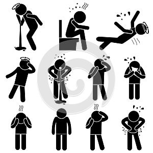 Sick Man Silhouette Poses. Set of Diseases Icons. Vector Illustration