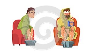 Sick Man Sitting on Armchair Wrapped in Blanket with His Legs in Basin with Hot Water Vector Set