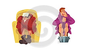 Sick Man Sitting on Chair Wrapped in Blanket Wearing Knitted Socks and Warming Legs in Basin with Hot Water Vector Set