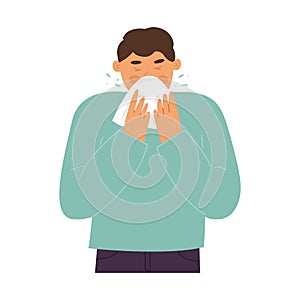 sick man sneezes into a handkerchief. Advertising of medicines