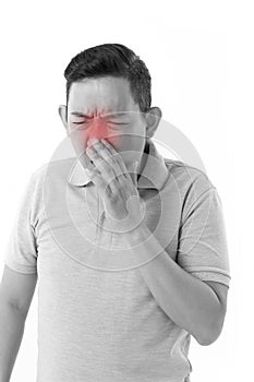 Sick man suffering from runny nose, cold, flu