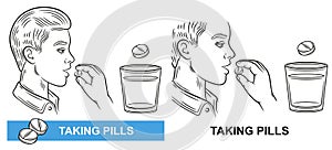 Sick man taking pill medicine, medication time, patient hold medical tablet near mouth line icon. Dose pharmacy medicament. Vector