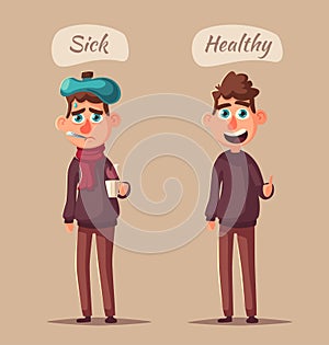 Sick man. Unhappy character. Vector cartoon illustration