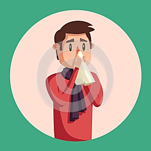 Sick man. Unhappy character. Vector cartoon illustration