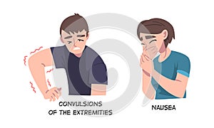 Sick Man and Woman Feeling Nausea and Convulsions of the Extremities as Symptom of Heart Stroke Vector Set