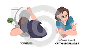 Sick Man and Woman Having Convulsion of the Extremities and Vomiting as Symptom of Heart Stroke Vector Set photo