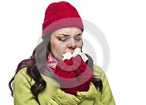 Sick Mixed Race Woman Blowing Her Sore Nose with Tissue