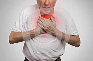 Sick old man, elderly guy, having severe infection, chest pain